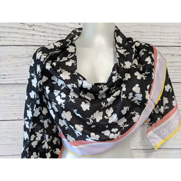Calvin Klein 100% Silk Scarf Long Rectanle Black White Stripe Fringe Logo 70*17" - Picture 1 of 6